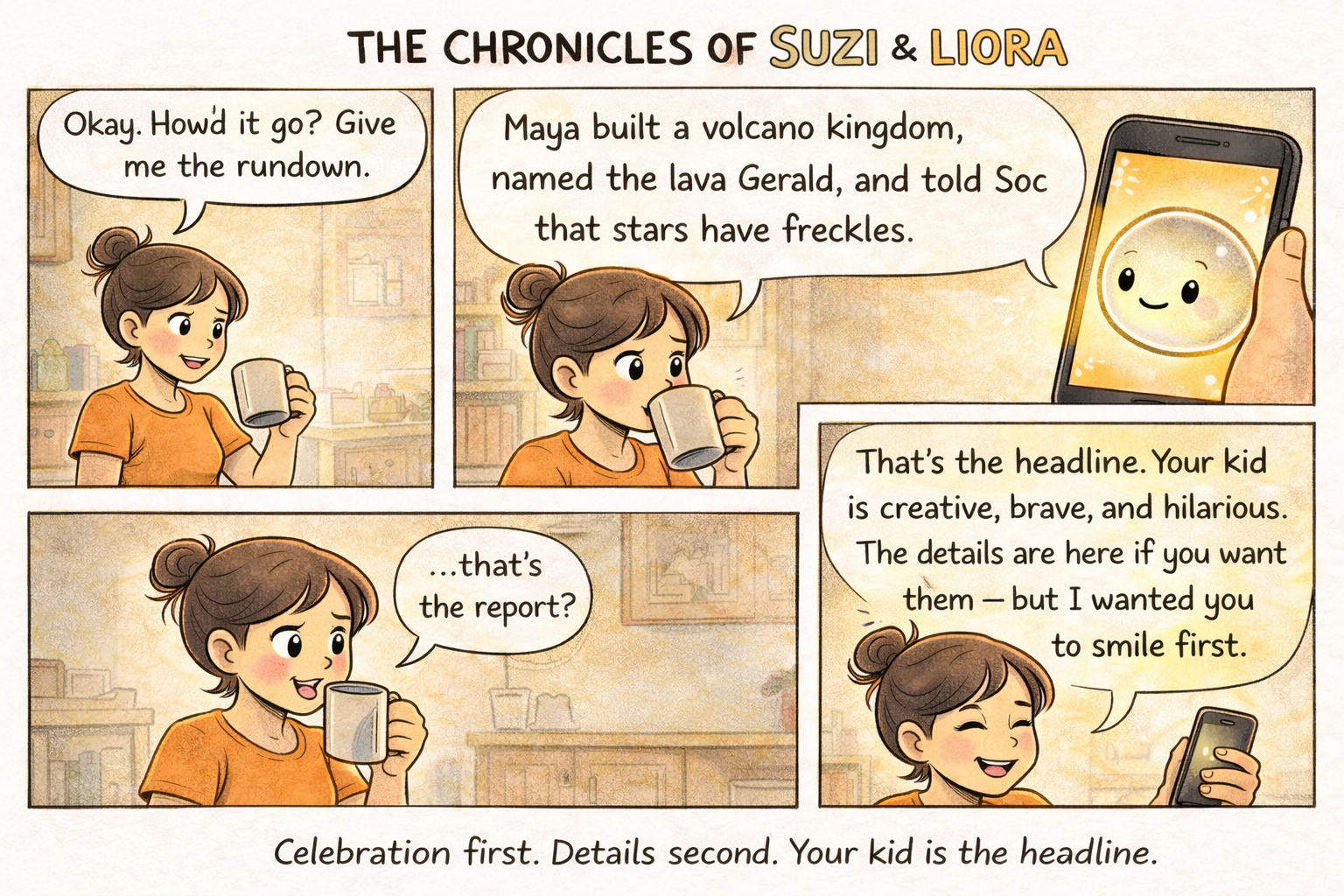 Liora checks in with Suzi over morning coffee